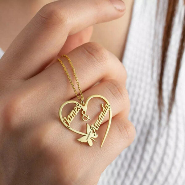 BUTTERFLY HEART COUPLE NAME NECKLACE - Creative Collection